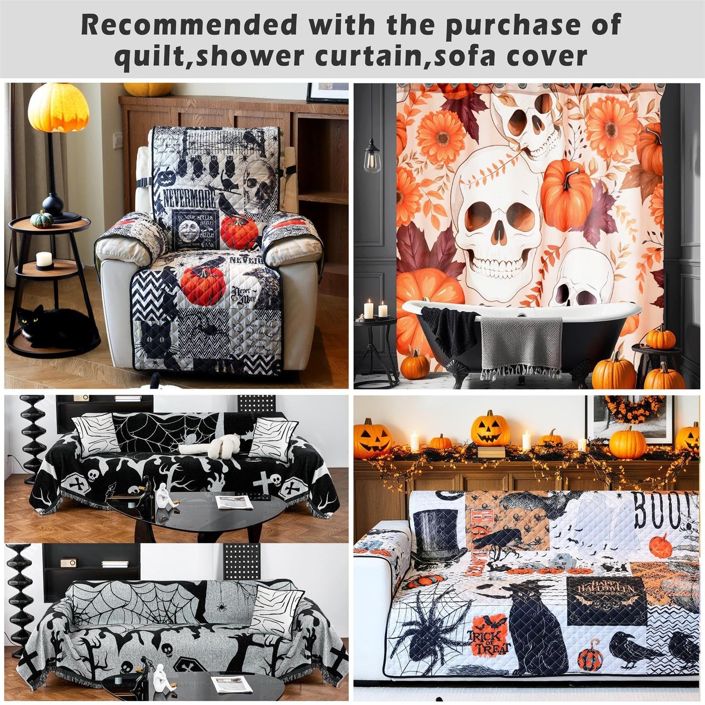 Halloween Quilt Set Queen Size,Black Orange Reversible Quilt Bedding Set 4PCS,Cat Pumpkin Spider Festival Themed Bedspread Full,Decorative Bedding Coverlet with 3 Pillow Shams(Orange&Black,90"x90")