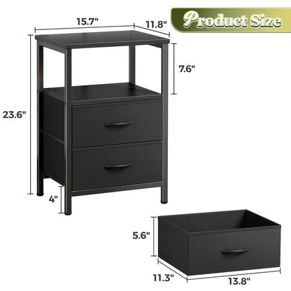 Huuger Night Stand with 2 Drawers, Bed Side Table with Open Shelf, Wooden Top, Nightstand for Bedroom, End Table for Small Space, Fabric Drawer, Black