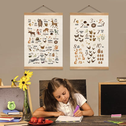 Animal Alphabet Numbers Poster Set of 2, Children's Room Wall Art, ABC&123 Banner Poster, Letter Numbers Banner Wall Hanging Decor for Toddler Room Playroom Nursery Classroom 12x16inch (Forest animal)