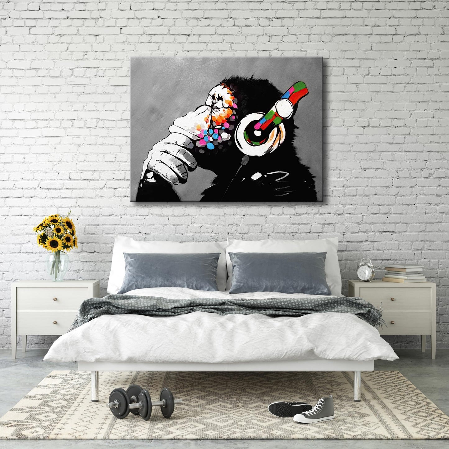 Wieco Art Black Framed Monkey With Headphones Banksy Graffiti Art Abstract Canvas Paintings Prints Animal Canvas Wall Art for Wall Decor and Home decorations Office Decor
