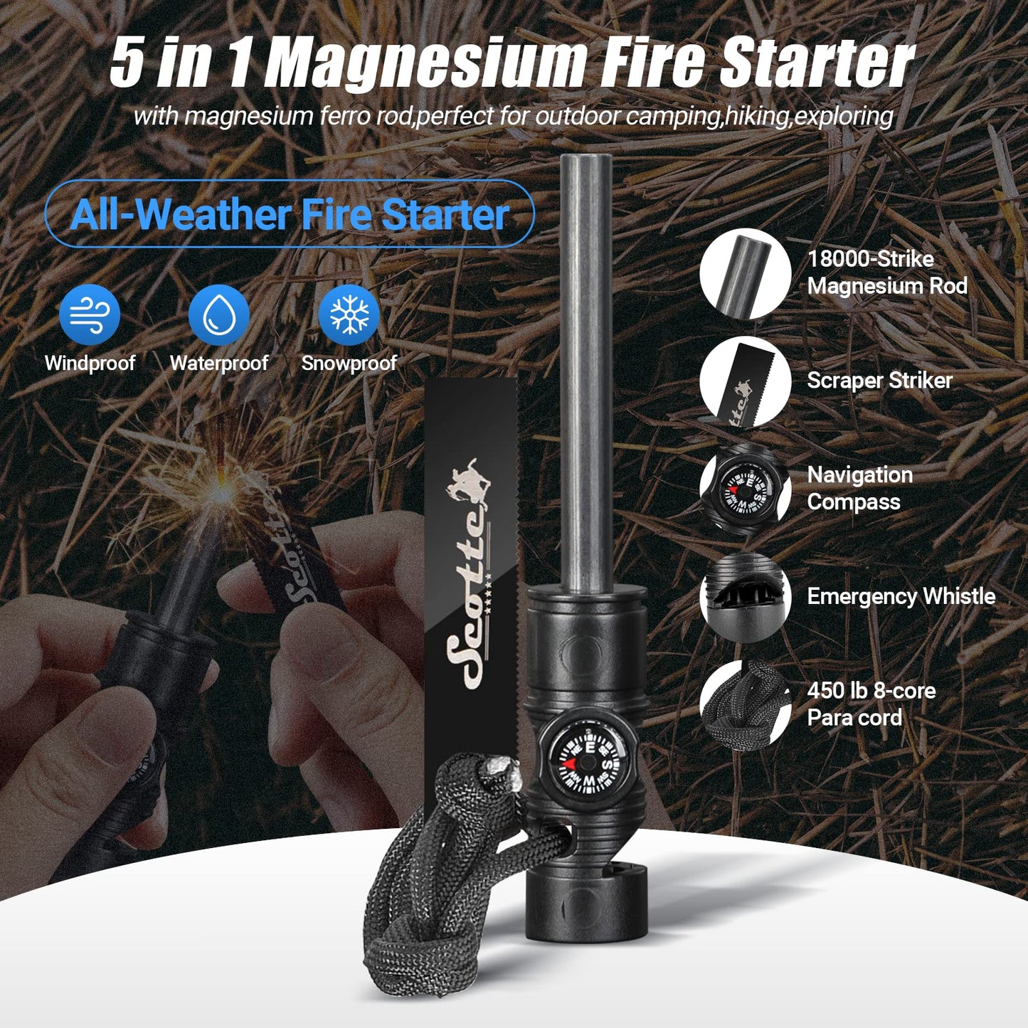 Scotte Plasma Windproof Arc Lighter Electric Lighter and LED Flashlight - 2 in 1 (Black)/5 in 1 Magnesium Fire Starter for Emergency Survival, Candle, Camping, Hiking, All Weather Magnesium Ferro Rod