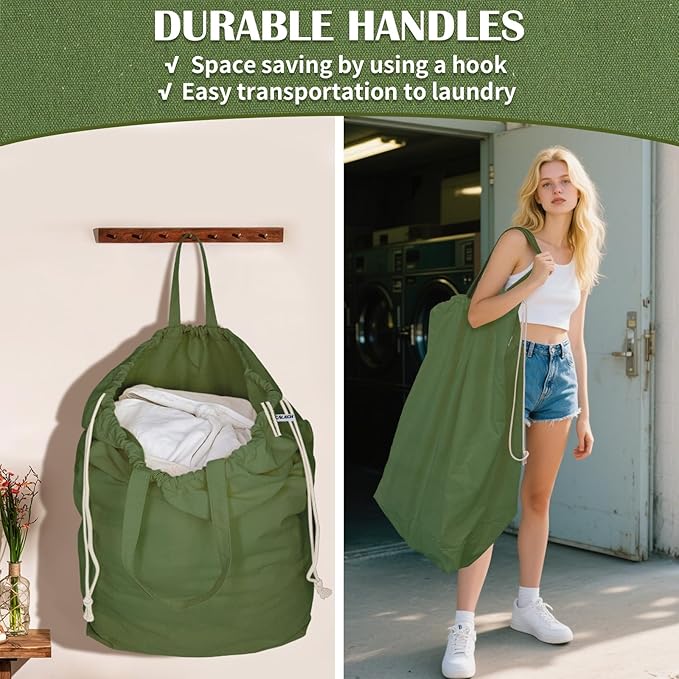 Canvas Laundry Bags with Handles & Rectangular Base, Washable Cotton Drawstring