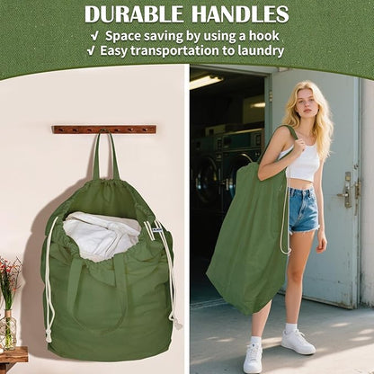 Canvas Laundry Bags with Handles & Rectangular Base, Washable Cotton Drawstring