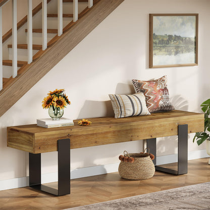 TRIBEWOOD Solid Wooden Entryway Bench, 63" Farmhouse Indoor Shoe Bench with Metal Legs, Industrial Long End of Bed Stool with Seating for Entry, Hallway, Porch, Living Room, Mudroom, Easy Assembly