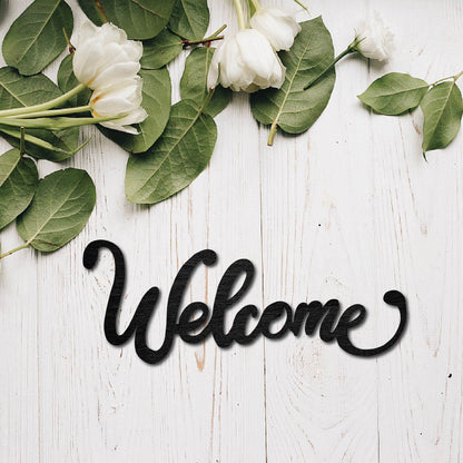 CREATCABIN Wood Cutout Welcome Sign Laser Cut Wooden Wall Decor Sculpture Hanging Decor Wall Art Decoration for Home Gallery Office Front Door Black 12 x 4.5 inch