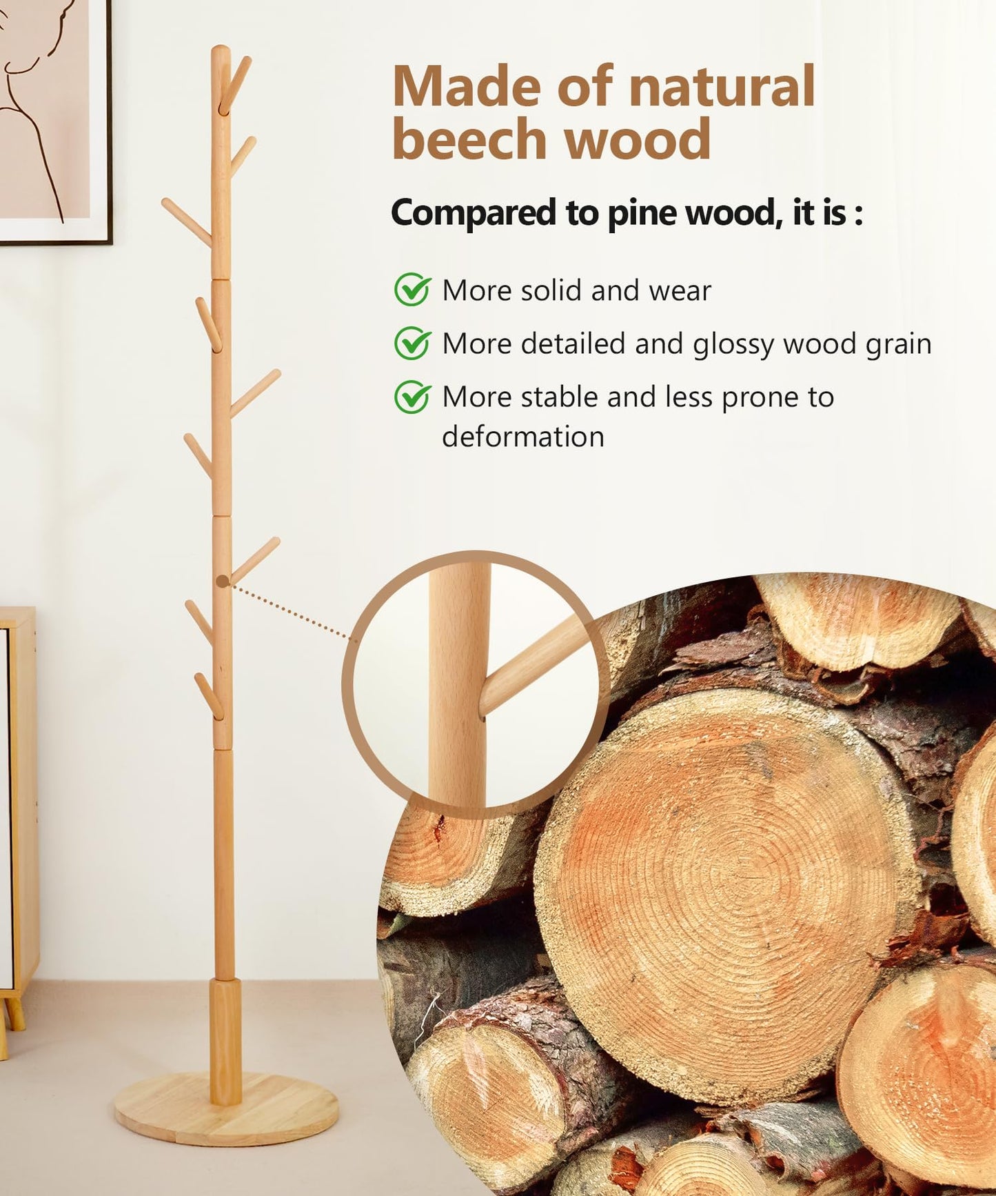 Cozivolife Standing Coat Rack,Wooden Coat Rack Stand with 9 Hooks and 3 Height Adjustable,Beech Wood Tree Coat for Bedroom,Office,Entryway (Bamboo)