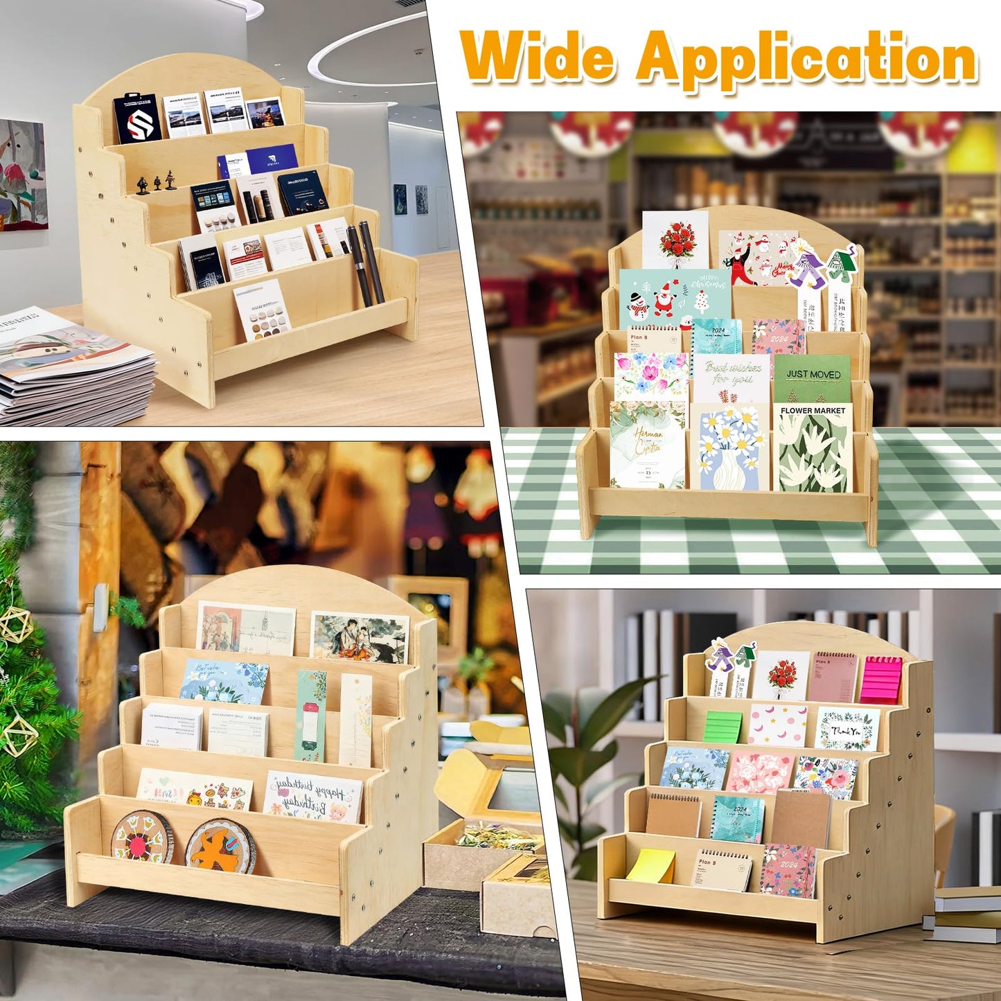 ZANAUWEKED Greeting Card Display Stand Holder,5-Tier Wooden Organizer Rack for Postcards ,Stickers, Bookmarks & Brochure Photos ,Tiered Display Stand for Retail Stores, Stationery Vendors