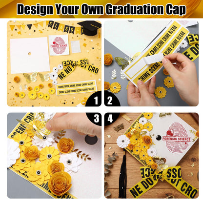 Gersoniel Criminal Justice Graduation Decorations Glitter Grad Cap Topper Graduation DIY Accessory Kit Included Paper Flowers Crime Scene Printed Bow Scale Sticker for Hat(Stylish)