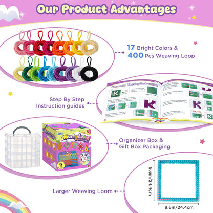 Zefy 400 Pcs Weaving Loom Kit Toys, 17 Colors Loom Loops with 11 PCs Wooden Rings, Rainbow Loops Making Potholder Loom Knitting Crafts Easter Gifts for Kids Girls Adults