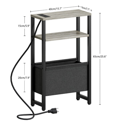 IRCPEN Narrow Side Table with Charging Station Slim End Table Sofa with Magazine Rack, Bedside Table for Small Spaces, 3 Tier Nightstand for Living Room Couch, Bedroom Oak Grey LET503QE
