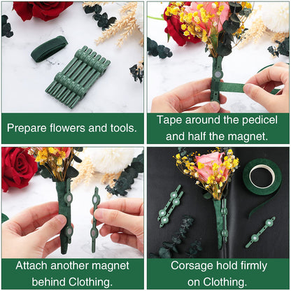 Hicarer 18 Pcs Floral Boutonniere Magnets Corsage Brooches Sets Include Corsage Wristlet Bands Flower Magnets Green Floral Wrapping Tapes for DIY Flower Pins Buttonhole Making Accessories