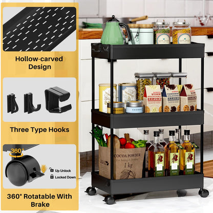 SPACELEAD 3 Tier Rolling Cart with Wheels, Storage Craft Art Trolley Organizer Serving, 3 Hanging Baskets Easy Assembly, for Office, Bathroom，Living Room, Kitchen, Black
