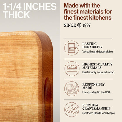 John Boos Chop-N-Slice Series Rectangular Wooden Maple Cutting Board 18”x12” – 1.25” Thick, 8-lb Reversible Butcher Block with Eased Corners, Edge-Grain & Finger Grips – Made in the USA