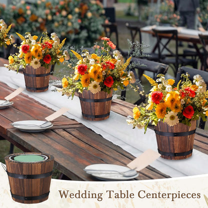 Remerry 6 Pcs Rustic Wood Barrel Planter Boxes with Removable Plastic Liners & Floral Foam Blocks, Farmhouse Decor for Wedding Table, Home, Garden, Kitchen & Party Centerpieces (Classic)
