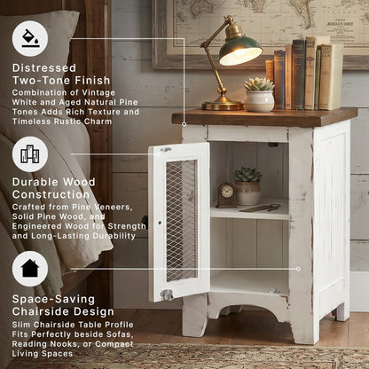 Signature Design by Ashley Wystfield Farmhouse Chair Side End Table with Cabinet Door for Storage, White & Brown with Distressed Finish