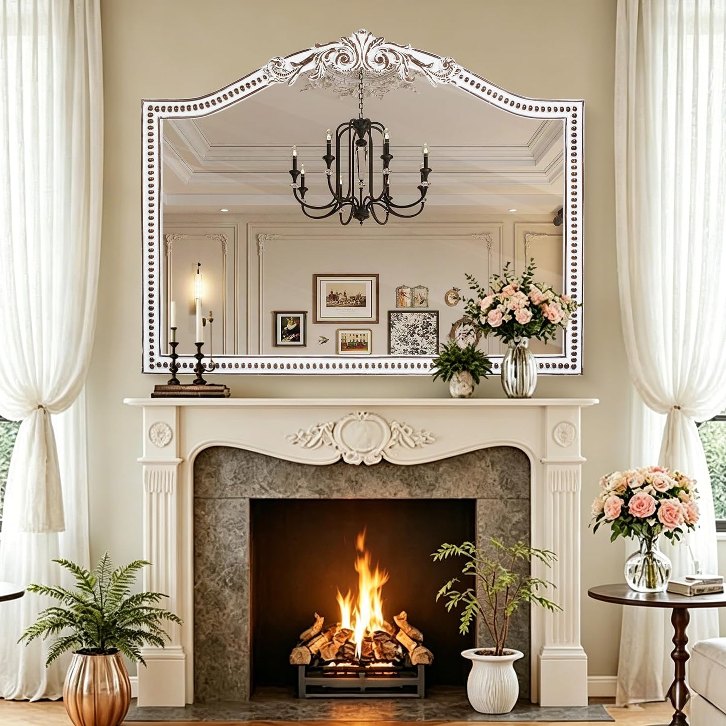 HOITUZYUS 32x42 Inch Ornate Arched Wooden Wall Mirror, Rustic Farmhouse Decorative Mirror for Fireplace, Living Room, Bedroom, Entryway, Bathroom Over Sink