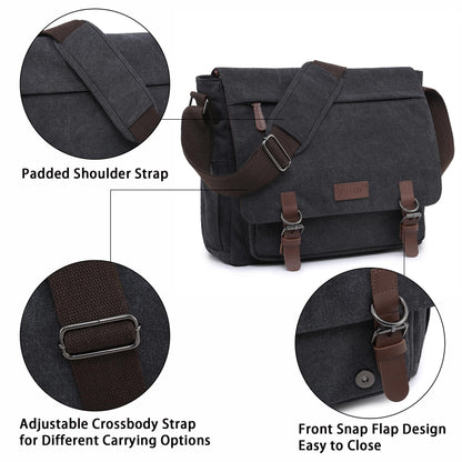 Dasein Large Vintage Canvas Messenger Shoulder Bag, Black, 15in Laptop