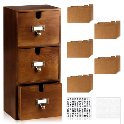 DLUGOPIS 3 Tier Index Card Holder 3x5 Wooden Card Catalog Box with 3 Drawers Brown Index Card Storage Box Flash Card Holder 25 Index Card Dividers 2 Letter Smile Stickers for Office