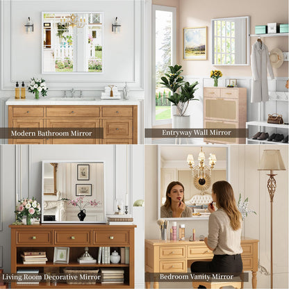 Syndra Square White Wood Frame Bathroom Mirror, 32''x32'' Modern Vanity Mirror for Wall, Waterproof Slim Deep Frame, HD Tempered Glass Mirror for Living Room, Bedroom, Entryway, Rustic, Farmhouse