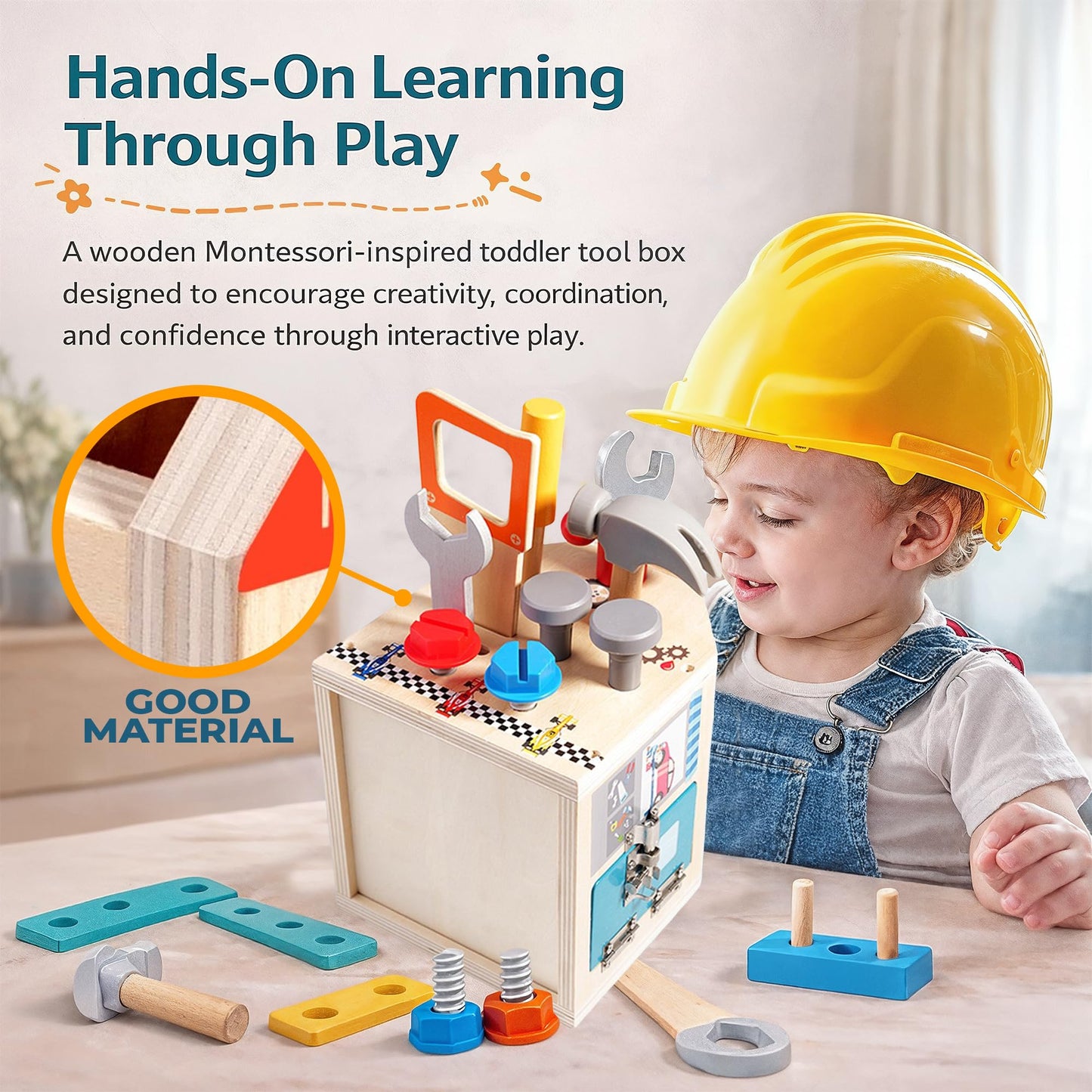 puzgic Educational Stem Kid Toys – Wooden Tool Set 4-in-1 Activity Board with Latches, Screw Assembly, Gear Game & Storage – Pretend Construction Toy for 3, 4,5,6,7 Years Boys & Girls