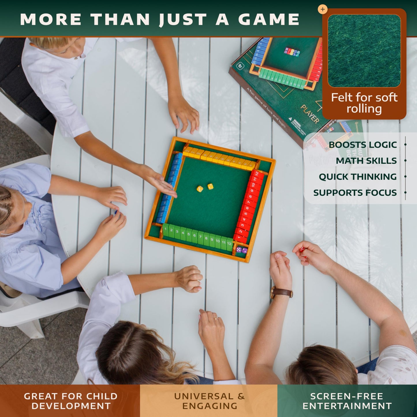 Large Shut The Box Game Wooden for 4 Players - Math Games -Family Games for Kids and Adults - 14-inch Close The Box Game 12 Numbers - Family Board Games