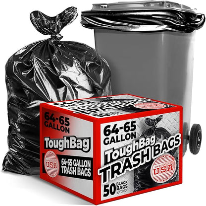 ToughBag 64-65 Gallon Trash Bags Heavy Duty, 50 x 48” Large Black Garbage Bags