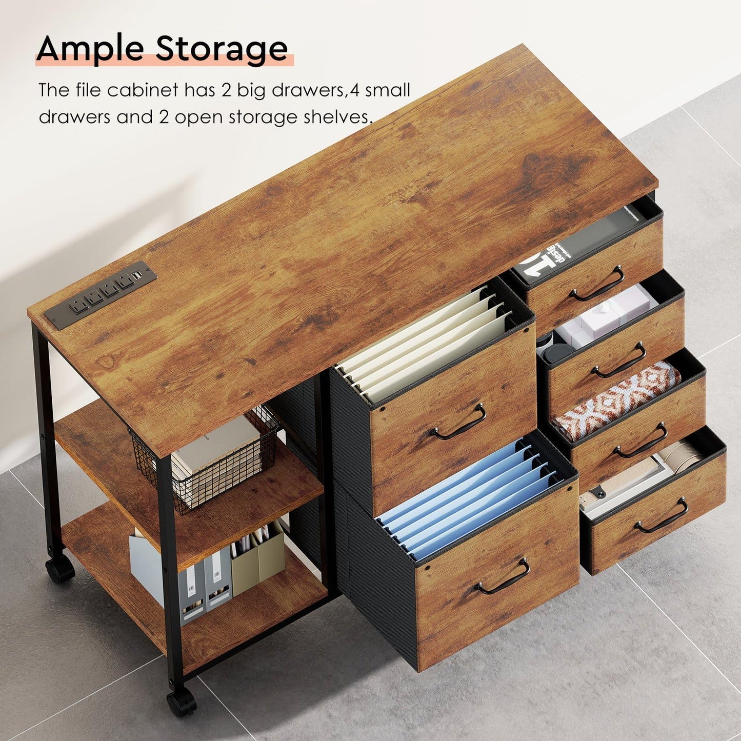 Maihail 6 Drawer File Cabinet with Charging Station Rolling Printer Stand with Open Storage Shelf Fabric Lateral Filing Cabinet for Home Office,Rustic Brown2