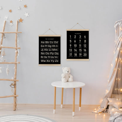 HRQKO Black Alphabet Numbers Poster Hanger Frame Set of 2, Nursery Wall Decor, ABC Poster Wall Art with Wooden Frames, Alphabet Banner Wall Hanging Decor for Playroom Boy Toddler Room, 12x16 Inch
