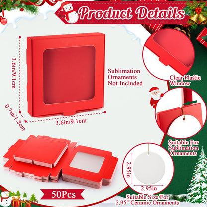 Dunzoom 50 Pcs Sublimation Ornament Blanks Gift Box 3.6"x3.6"x0.7" Christmas Ornaments Holder Ceramic Discs Packaging Box with Window for Personalized Xmas Tree Blanks Bulk (Red)