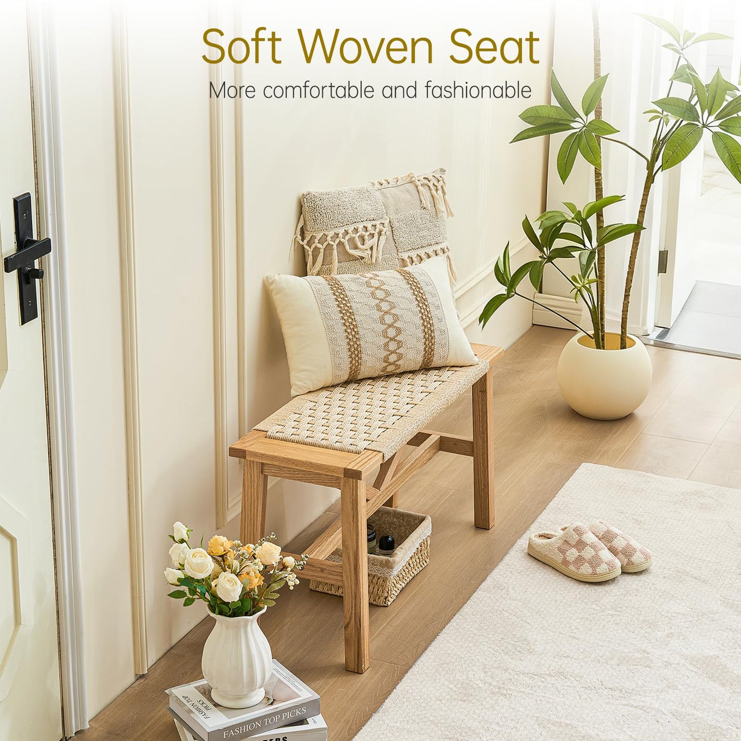 Dechawfon Solid Wood Narrow Bench, 33.46" Woven Bench for Entryway and Hallway, End of Bed Bench with Oak Frame, Boho Accent Bench - 500lbs Capacity (Natural White)