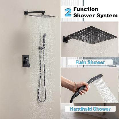 Matte Black Shower System with 10-Inch Rain Showerhead and Handheld | Innovative air-injection technology for low pressure, high-flow rate up to 3.22 GPM ensuring powerful consistent stream