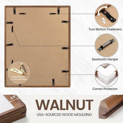 16 x 20 Picture Frame, USA-Sourced Natural Walnut Wood Photo Frame with Tempered Glass, Handcrafted Rounded Corner 16x20 Wooden Frame Matted to 11x14 Photos, Horizontal or Vertical Wall Mounting