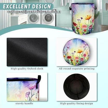 Watercolor Flowers Laundry Basket Wildflower Foldable Funny Laundry Hamper