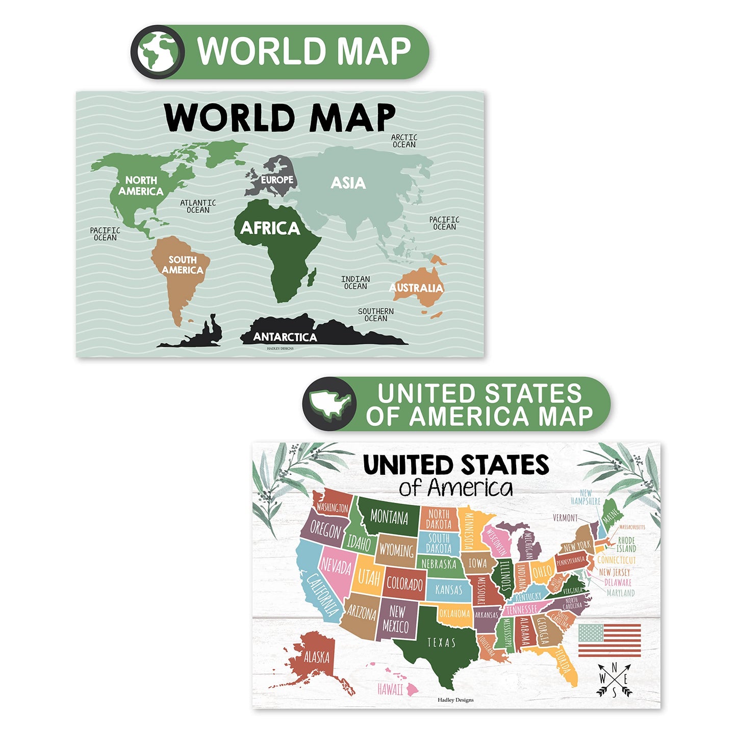 4 Alphabet, Map of United States, World Map, & Solar System Posters - Laminated ABC Charts for Toddlers Wall Decor, Farmhouse Posters for Kindergarten, Prek Classroom or Homeschool 11x17