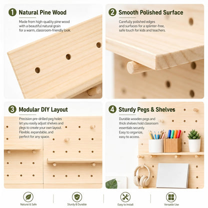 Gerrii 4 Pack Wood Pegboard Wall Organizer for Classroom 11.81 x 15.75 Inches Wooden Peg Board with Racks Hooks Modular Pegboard Organizer System for Teacher Supplies Student Work Display Office Craft