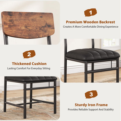 Jocoevol Industrial Dining Chairs Set of 4 - Upholstered Dining Room Chairs with PU Leather, Kitchen Chairs with Wooden Backrest and Thickened Metal Legs, for Dining Room, Living Room（Rustic Brown）