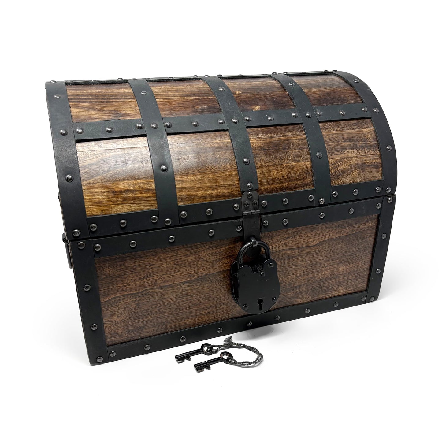 Nautical Cove Handmade Wooden Treasure Chest Storage Box – Deluxe Design with Real Leather Accents, Working Iron Lock & Skeleton Keys, Decorative Keepsake Chest (X-Large - 15 × 11 × 11")
