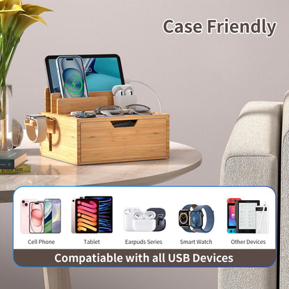 Multi-Device Charging Station Dock & Organizer, with Power Supply (5 Ports HUB), and Cables, Bedside Docking Station with Drawer Compartment -Natural Bamboo