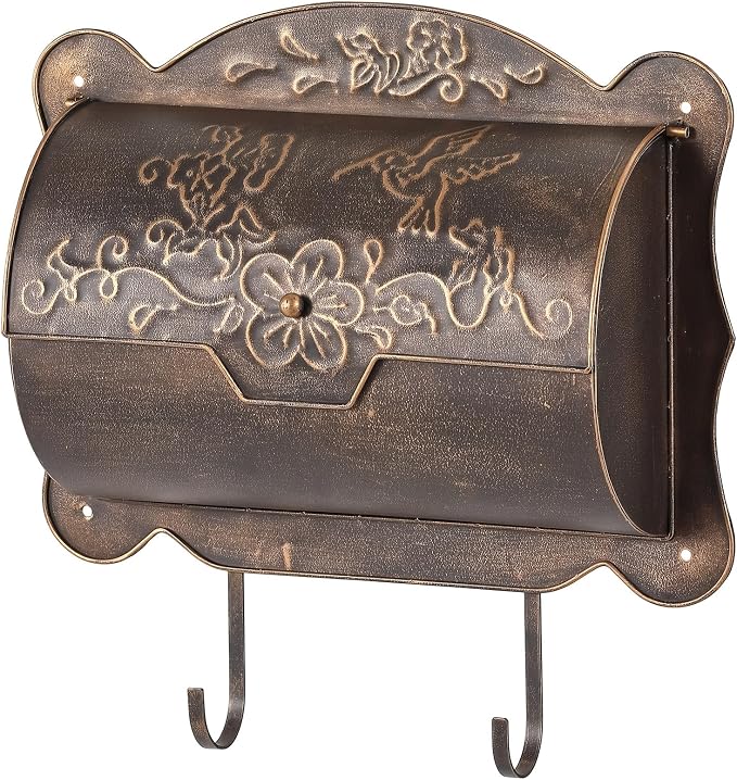 Wall Mount Mailbox with Newspaper Holder, Metal Wall Mailboxes for Outside, Vintage Decorative Front Porch Mail Box Wall Mounted, Horizontal Outdoor Mailbox with Hummingbird Accent, 17" x 5" x 17"