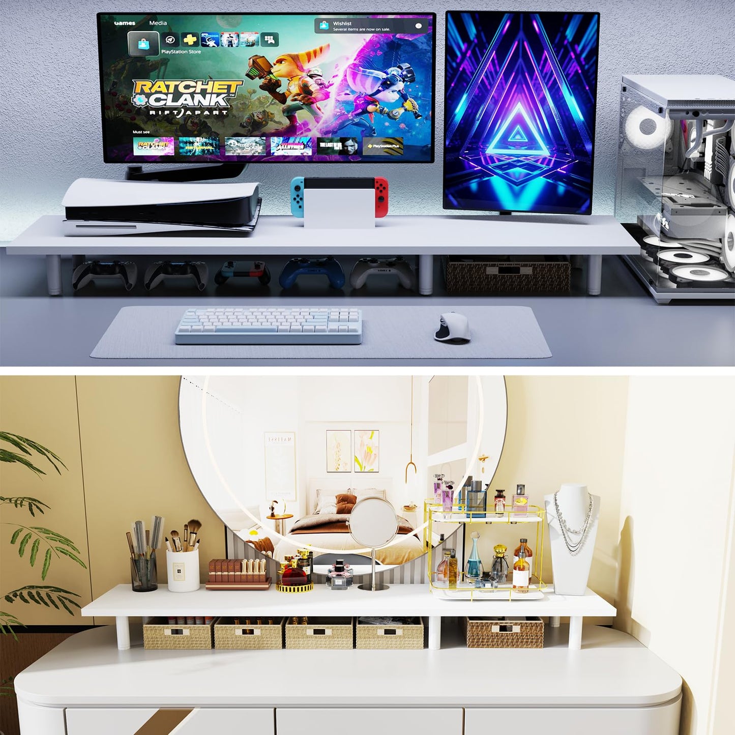 WEGASTU Large Dual Monitor Stand Riser 43.3IN，White Home Office Storage For Desk Accessories，Solid Wod Desk With Adjustable Legs For computer/PC/Laptop/Printer/Container/dressing table