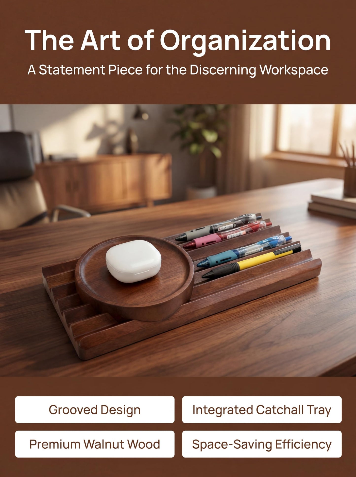 LITAITAI Horizontal Pen Holder for Desk, Walnut Pen Holder with 5 Compartments,Pen Tray Office Accessory, Teacher Gifts, Suitable for School, Home,Pen Tray for Desk (Walnut)