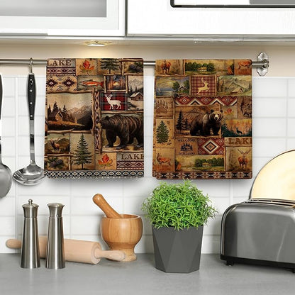 Vintage Rustic Kitchen Towel Set of 4, Lodge Bear Mountain Dish Towels
