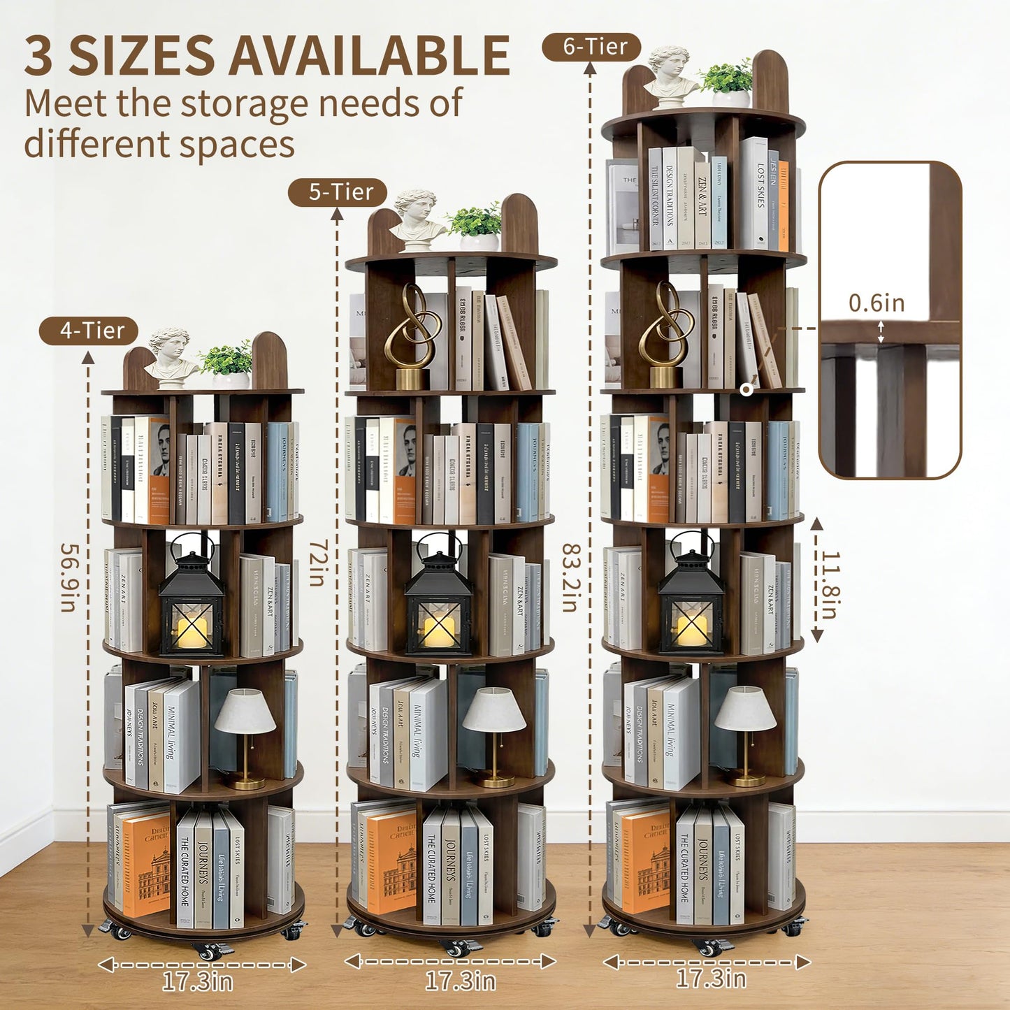 Kryonix Rotating Bookshelf, Solid Wood 5 Tier Spinning Book Shelf Tower, 360° Revolving Bookcase on Wheels, Corner Round Rolling Bookshelves for Small Spaces, Bedroom, Office, Kids Room (Walnut)
