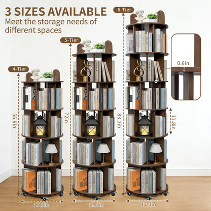 Kryonix Rotating Bookshelf, Solid Wood 5 Tier Spinning Book Shelf Tower, 360° Revolving Bookcase on Wheels, Corner Round Rolling Bookshelves for Small Spaces, Bedroom, Office, Kids Room (Walnut)