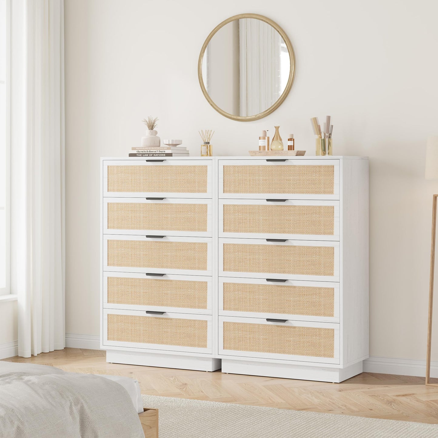 IDEALHOUSE 30'' Wide Nightstand for Bedroom, Wooden Bedside Table with Metal Handle & 5 Drawers, Mid Century Modern Wood Night Stand for Living Room, Closet, White