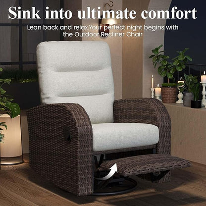 LayinSun Oversized Wicker Outdoor Swivel Glider Recliner with Adjustable Backrest & Footrest, Patio Reclining Lounge Chair - Set of 2