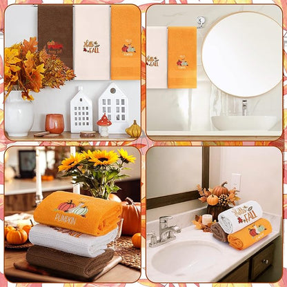 3 Pcs Fall Pumpkin Hand Towels for Bathroom Embroidered Bathroom Towels