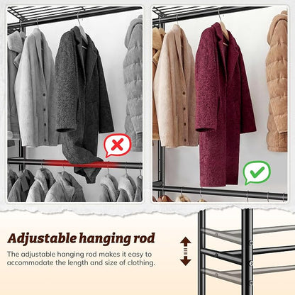 Raybee Clothes Rack, Extra Large Clothing Rack with 6 Rods & 12 Shelves, Heavy Duty Portable Closets for Hanging Clothes, Freestanding Closet Rack, Metal Garment Rack for Bedroom, Load 1200 lbs, Black