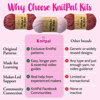 KnitPal Everyday Joy Crochet Kit for Confident Beginners – Make 4 Reusable 7.5 x 7.5 in Dishcloths – with Cotton to The Core Yarn (#3 DK), Hook, Patterns & Video Tutorials (Cherry Red + Blush Pink)