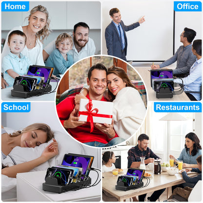 510W Fast Charging Station for Multiple Devices, 10 Port USB C Charger Station with Flame-Retardant Material & 8 Cables for iPhone, Android, iPad, Tablets, Family Office Desk Charging Dock Organizer